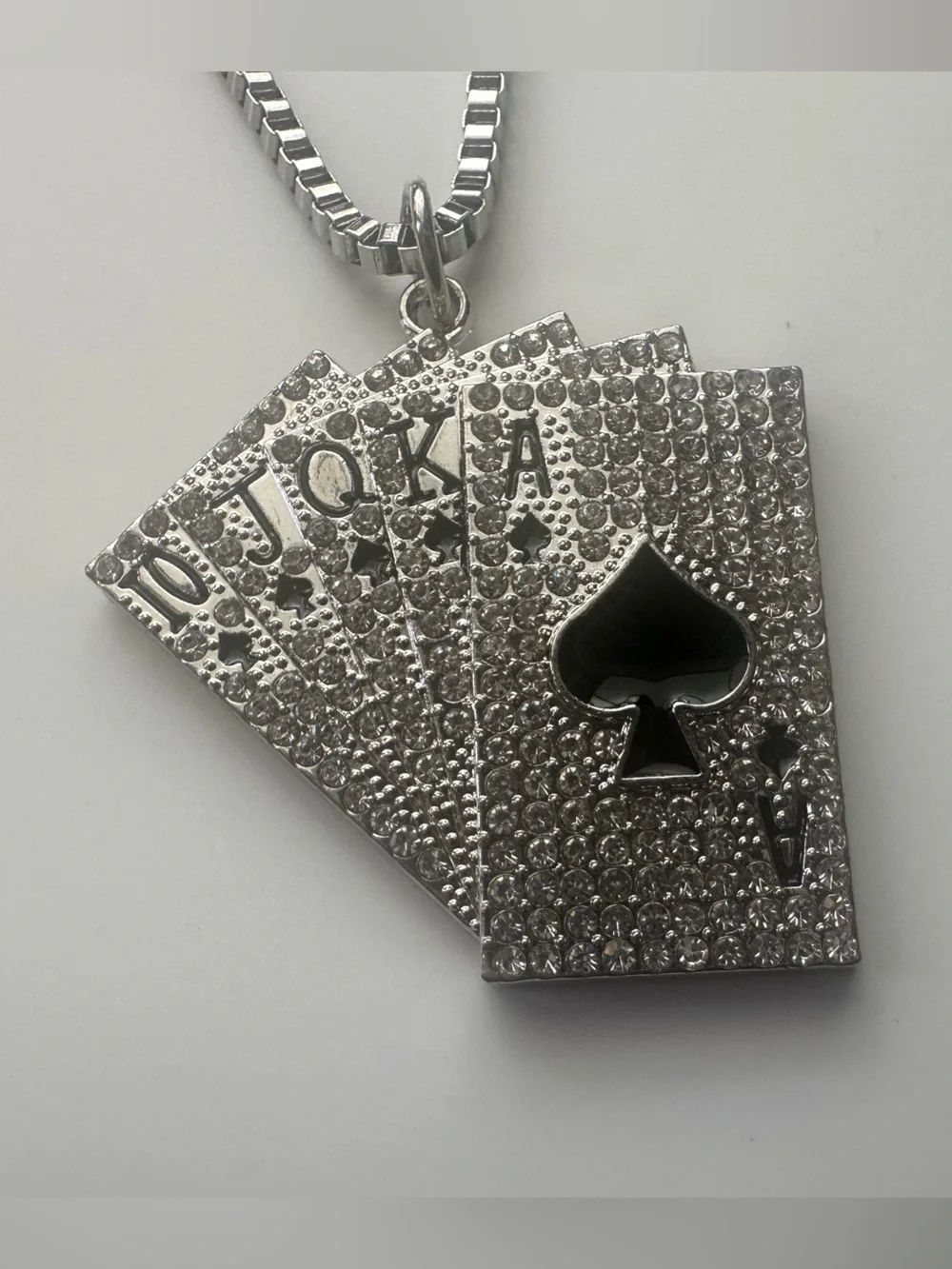 Silver Crystal Playing Cards Pendant Necklace